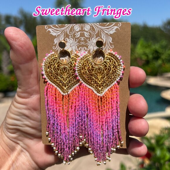 Handmade Beaded Long Fringe Dangle Drop Lightweight Sweetheart Post Earrings - Picture 1 of 10